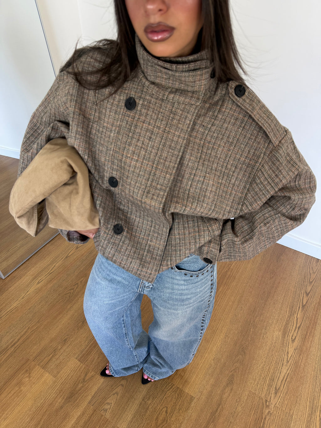 FUNNEL-NECK TARTAN JACKET BEIGE