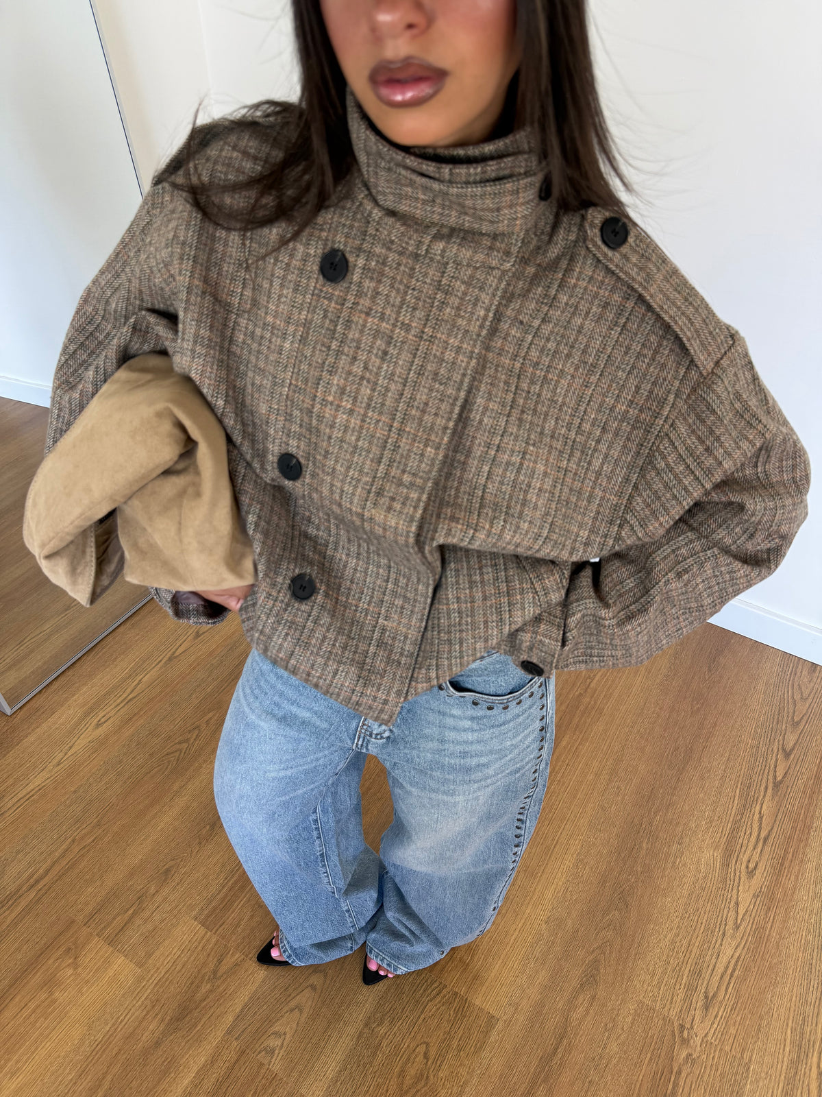 FUNNEL-NECK TARTAN JACKET BEIGE