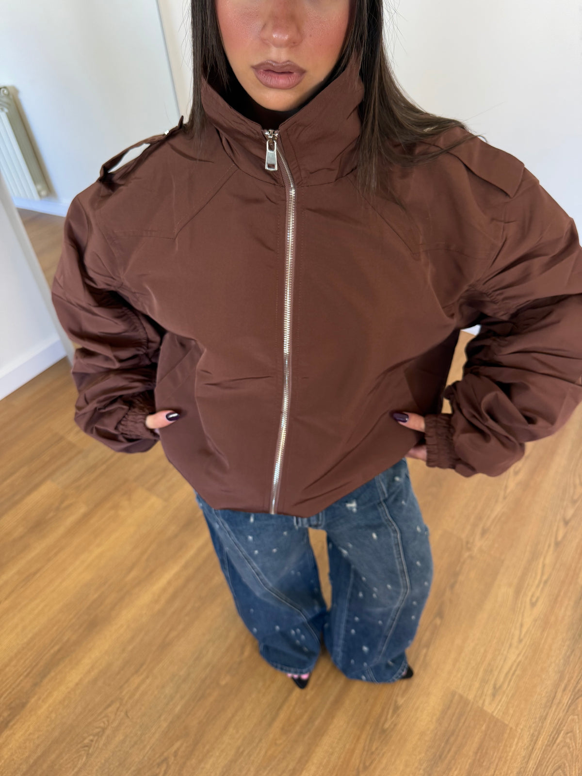 FUNNEL-NECK AVIATOR JACKET BROWN