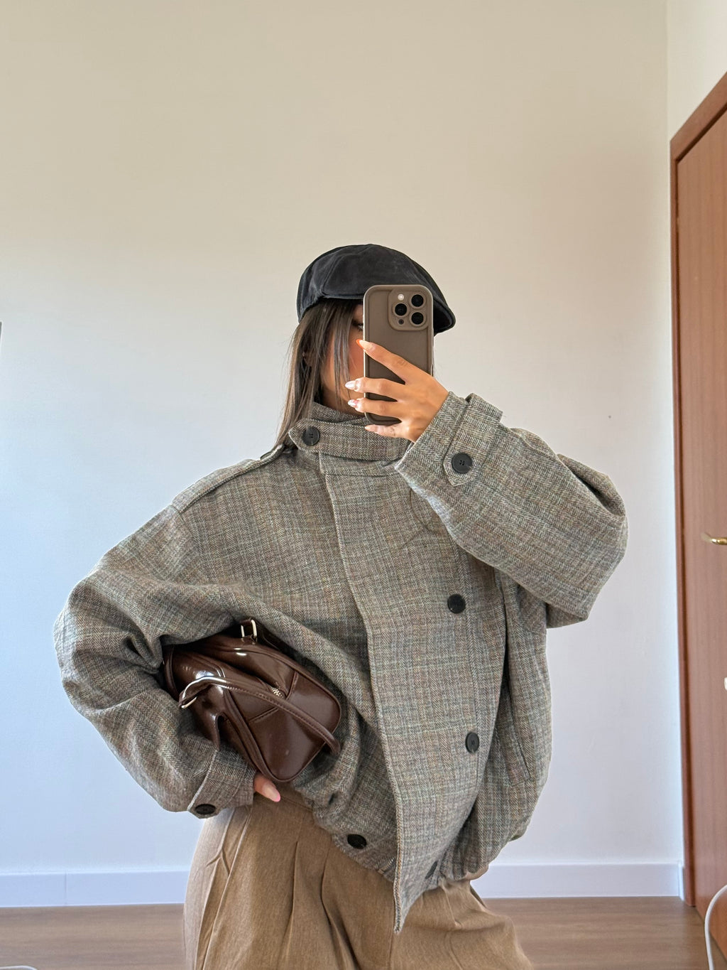 FUNNEL-NECK TARTAN JACKET GREY