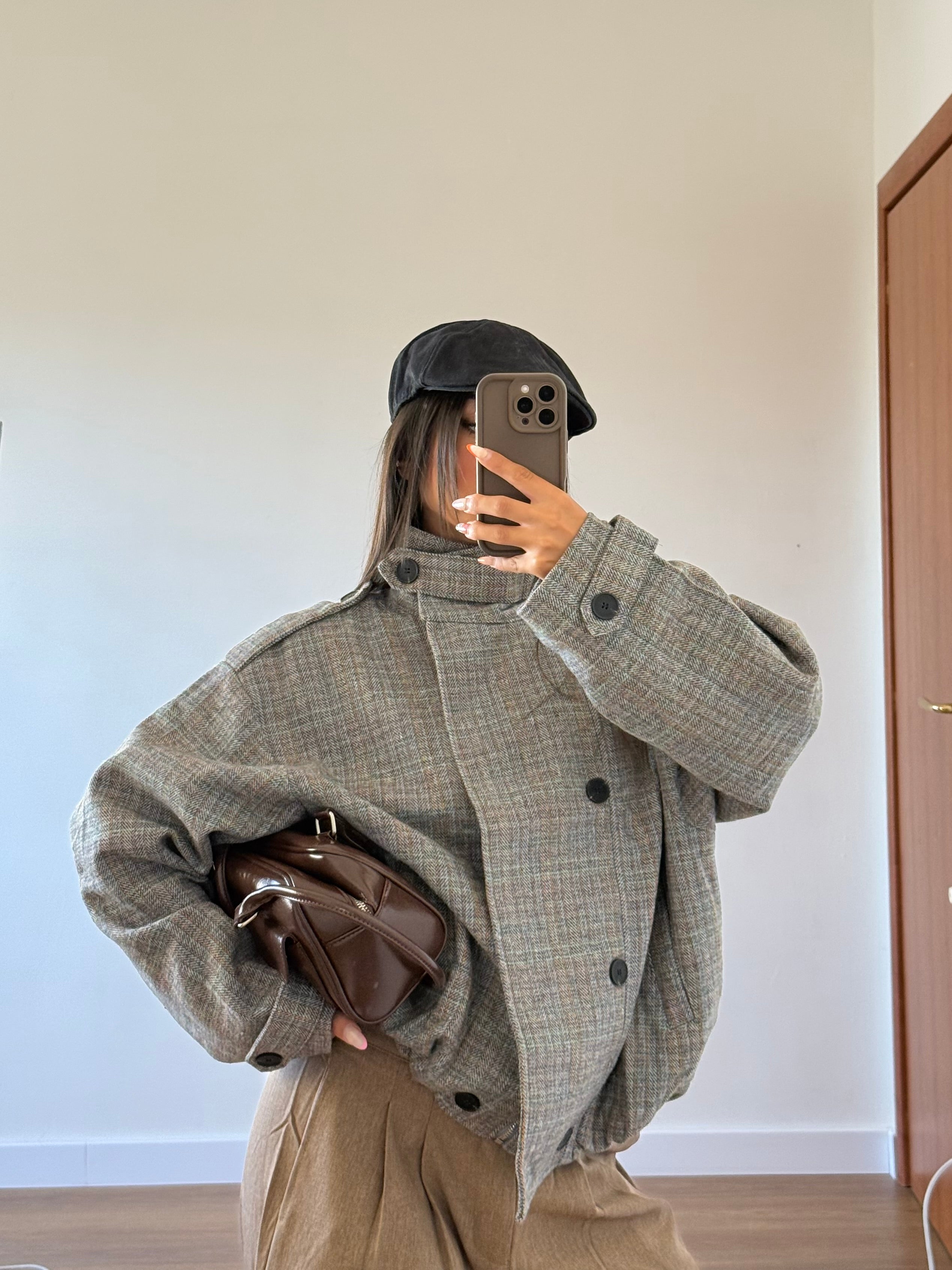 FUNNEL-NECK TARTAN JACKET GREY