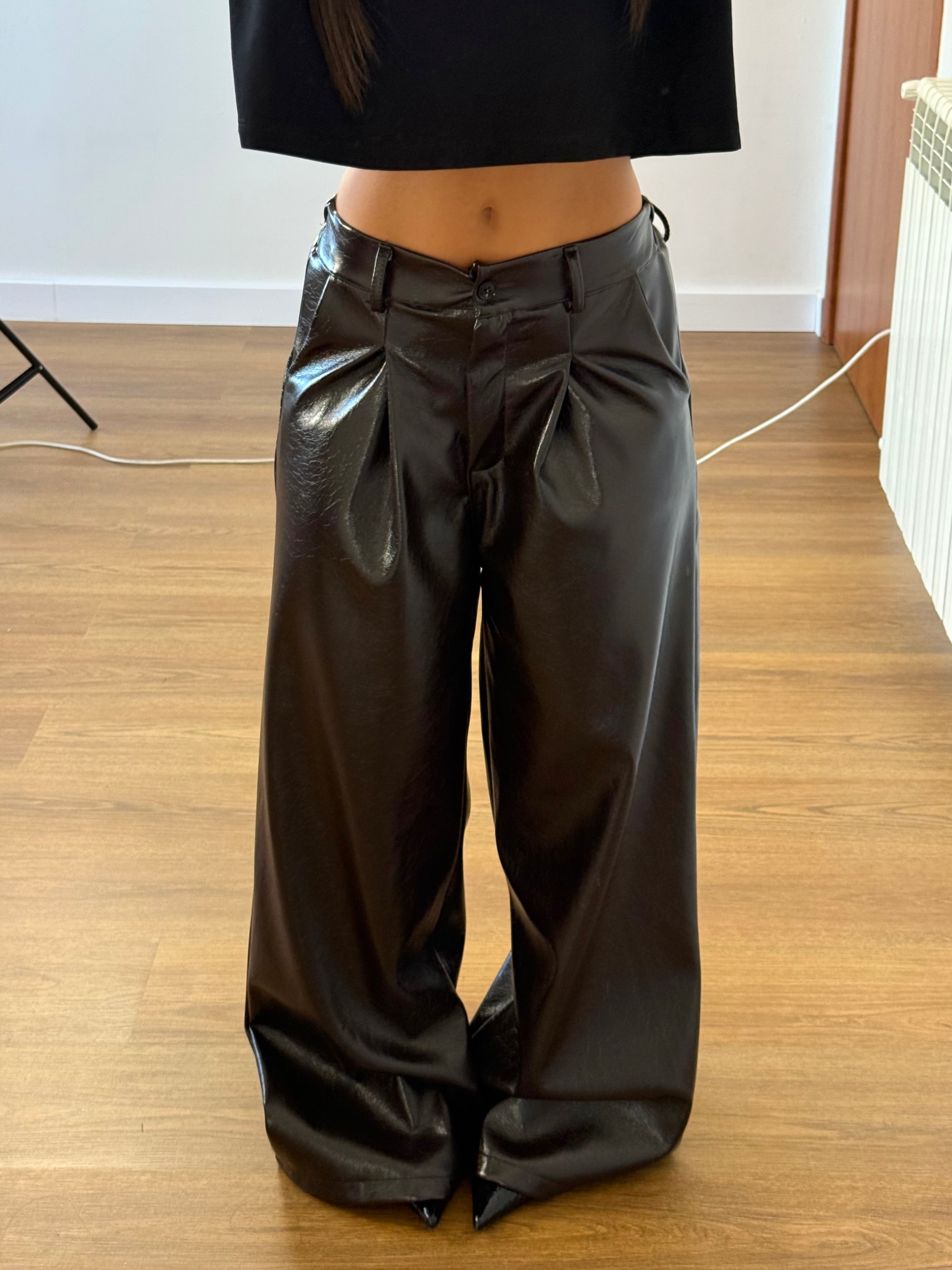 ECO LEATHER WIDE PANTS BROWN