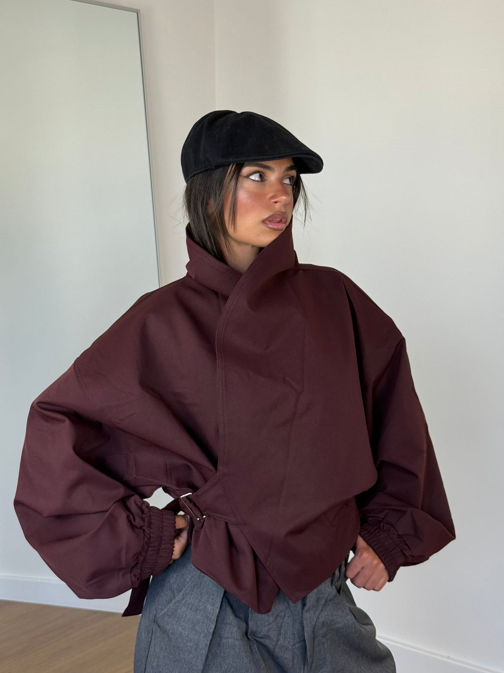 FUNNEL-NECK CROP JACKET WINE
