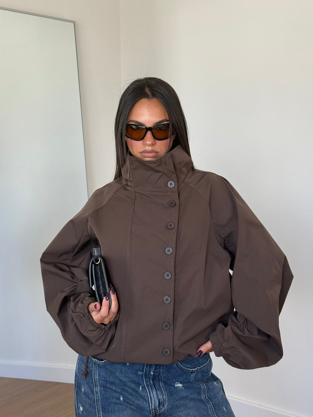 FUNNEL-NECK TRENCH JACKET BROWN