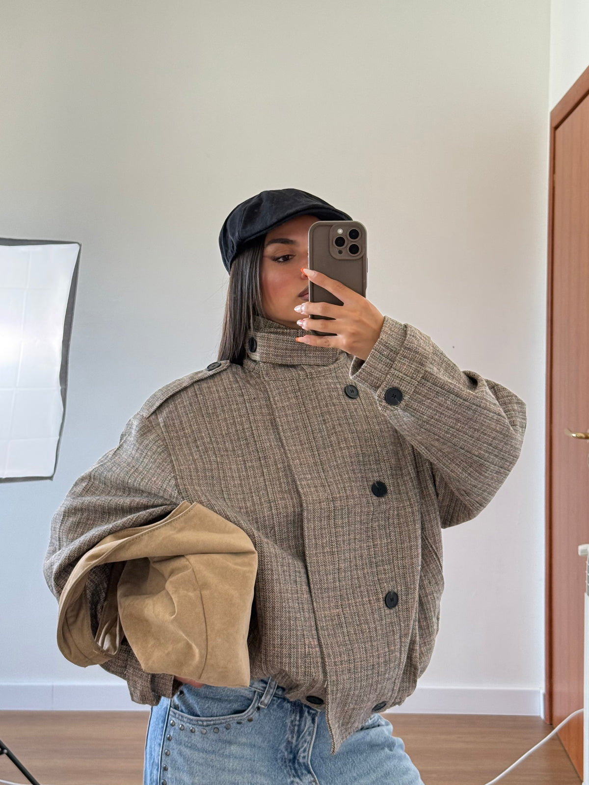 FUNNEL-NECK TARTAN JACKET BEIGE