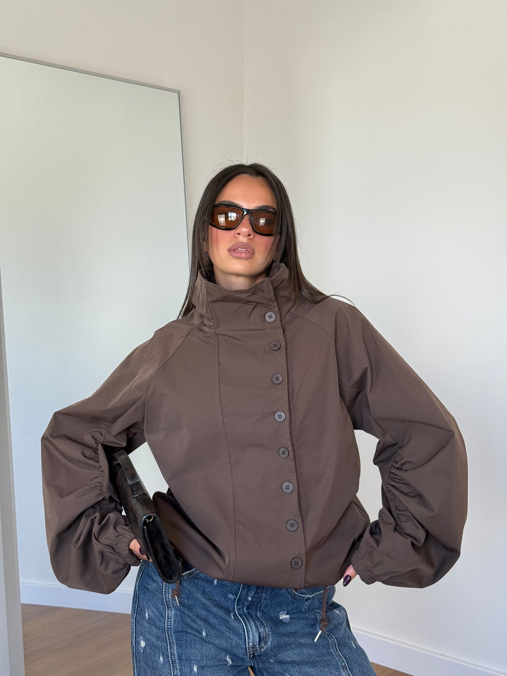 FUNNEL-NECK TRENCH JACKET BROWN