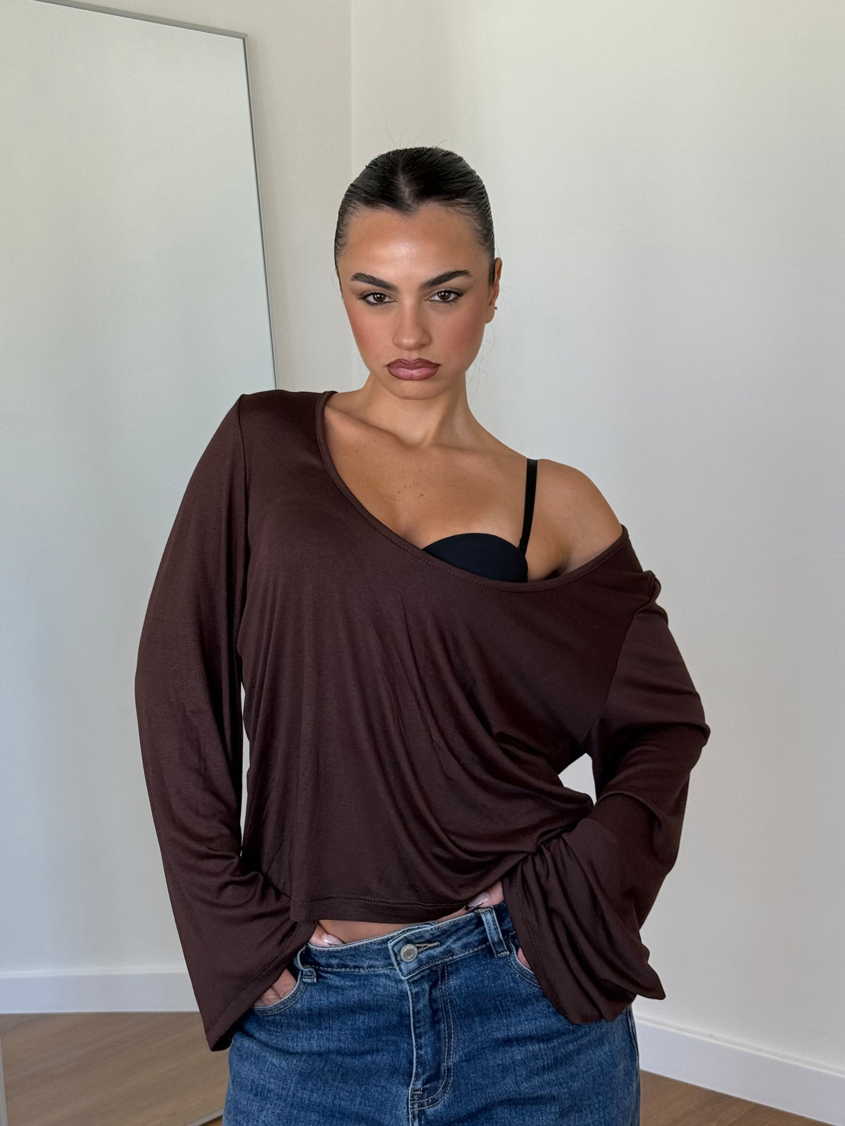 VEILED V LONGSLEEVE SHIRT BROWN