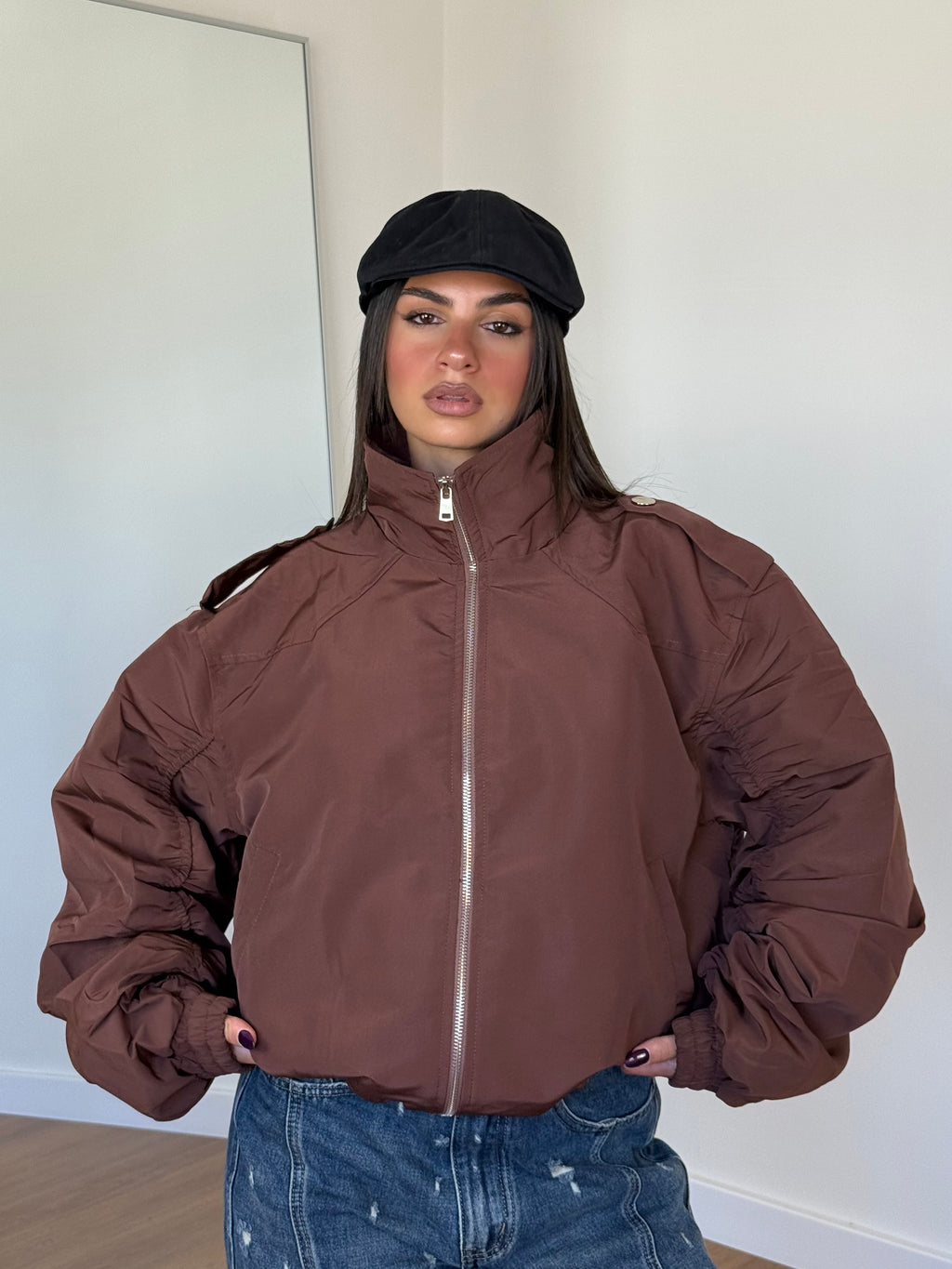 FUNNEL-NECK AVIATOR JACKET BROWN