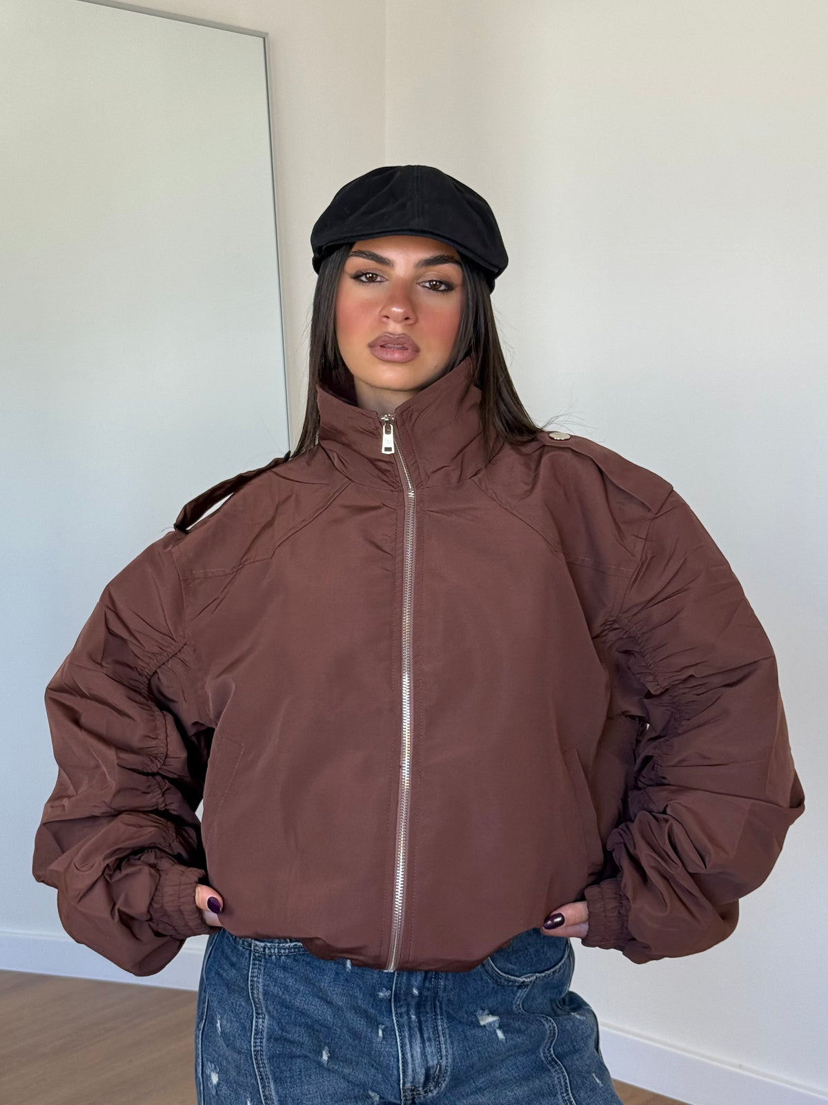 FUNNEL-NECK AVIATOR JACKET BROWN
