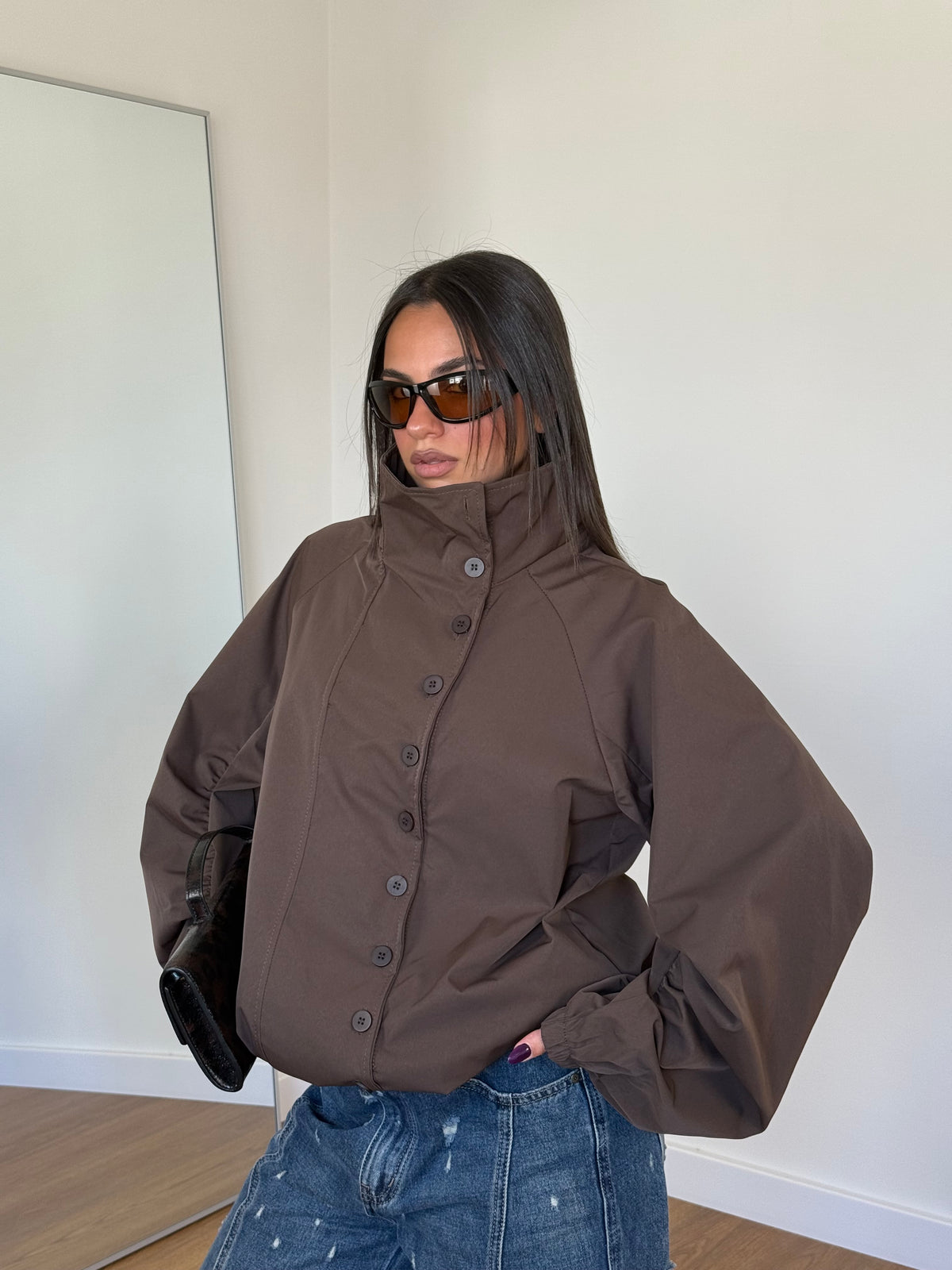 FUNNEL-NECK TRENCH JACKET BROWN