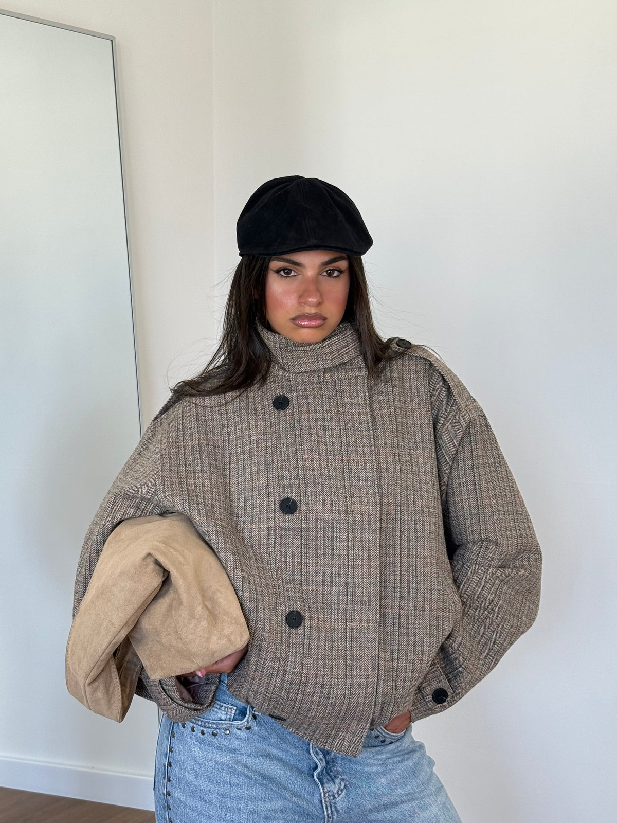 FUNNEL-NECK TARTAN JACKET BEIGE