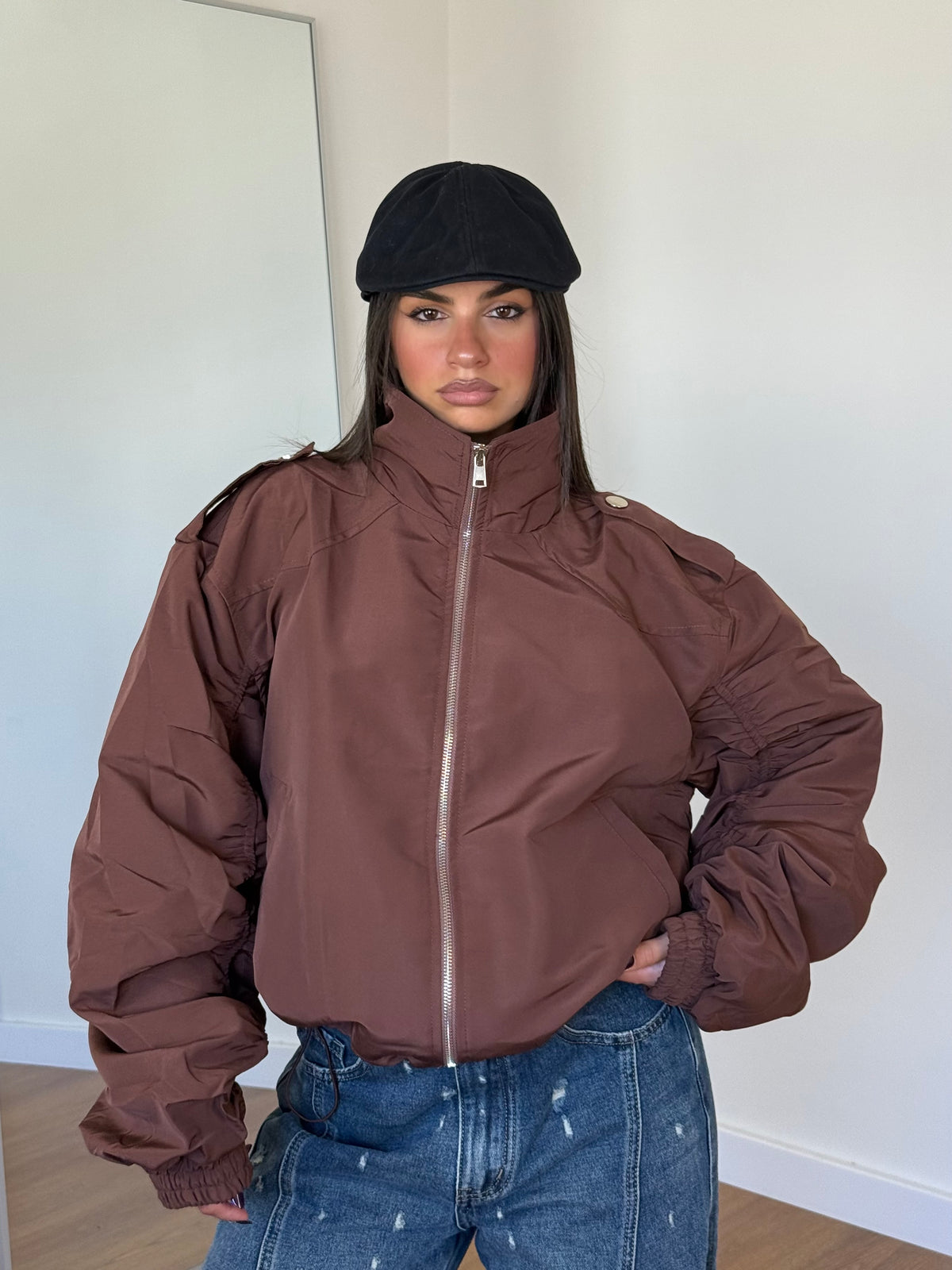 FUNNEL-NECK AVIATOR JACKET BROWN