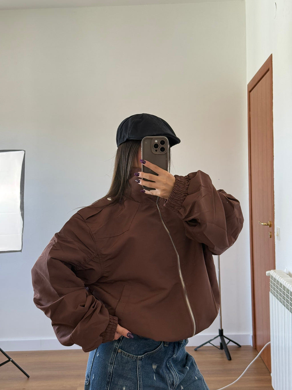 FUNNEL-NECK AVIATOR JACKET BROWN