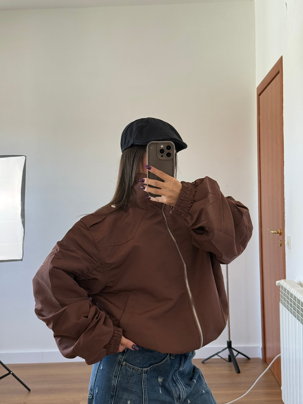 FUNNEL-NECK AVIATOR JACKET BROWN