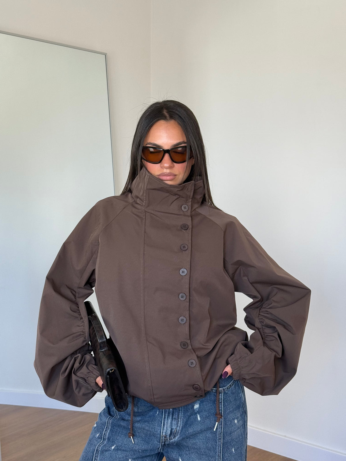 FUNNEL-NECK TRENCH JACKET BROWN