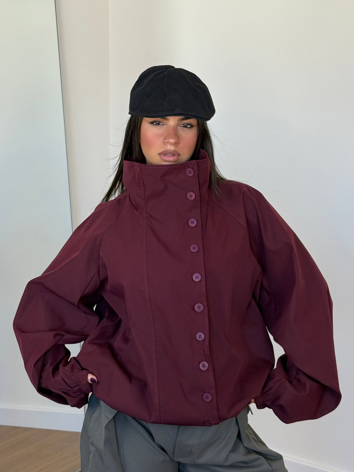 FUNNEL-NECK TRENCH JACKET WINE