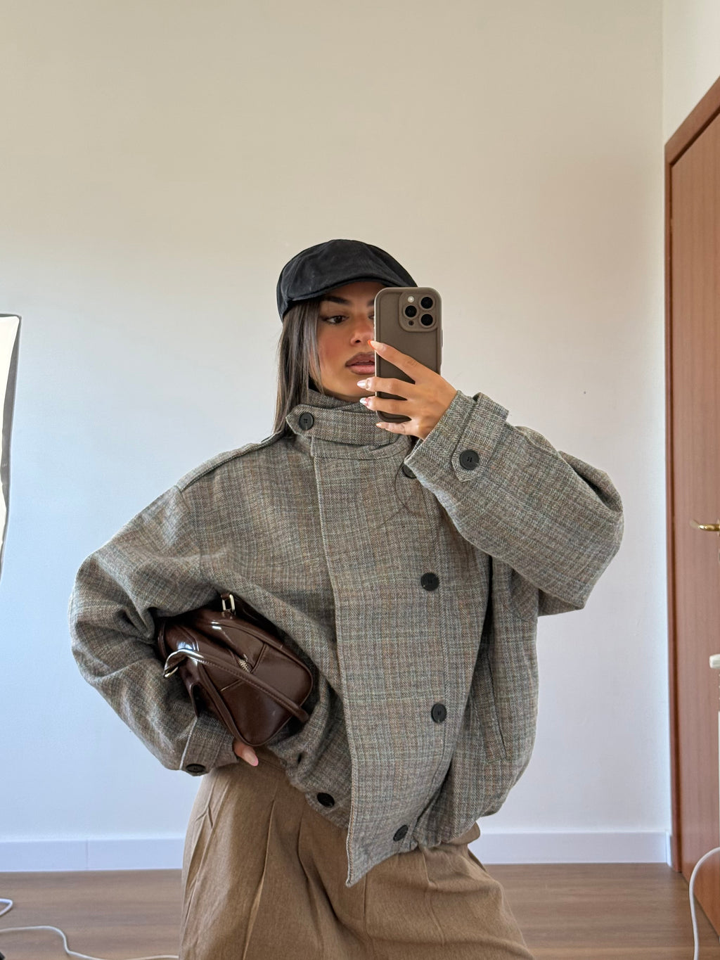 FUNNEL-NECK TARTAN JACKET GREY
