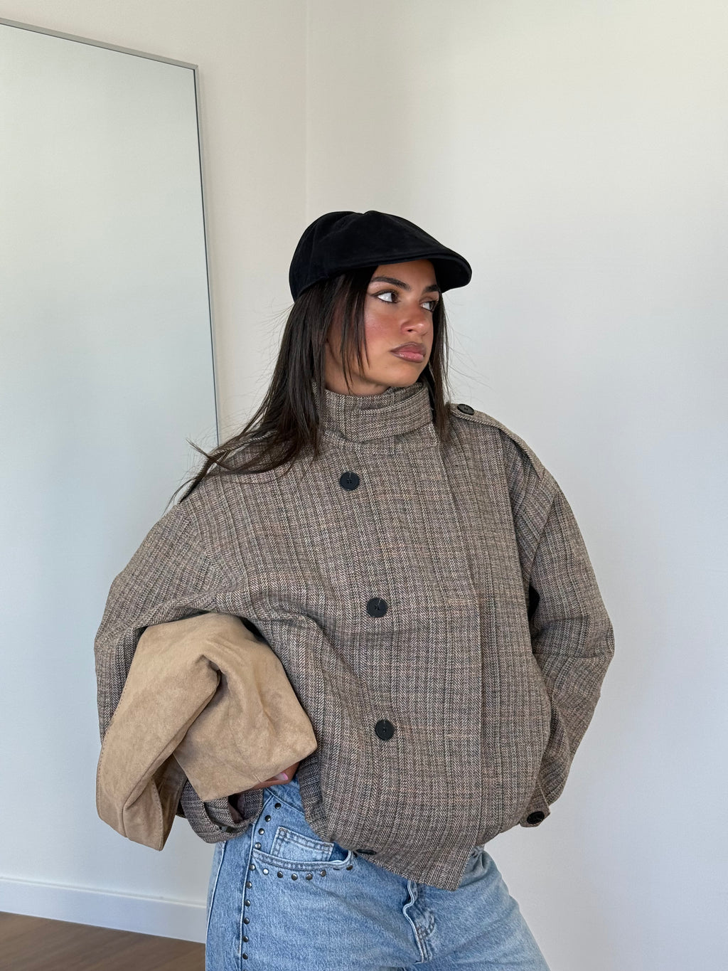 FUNNEL-NECK TARTAN JACKET BEIGE