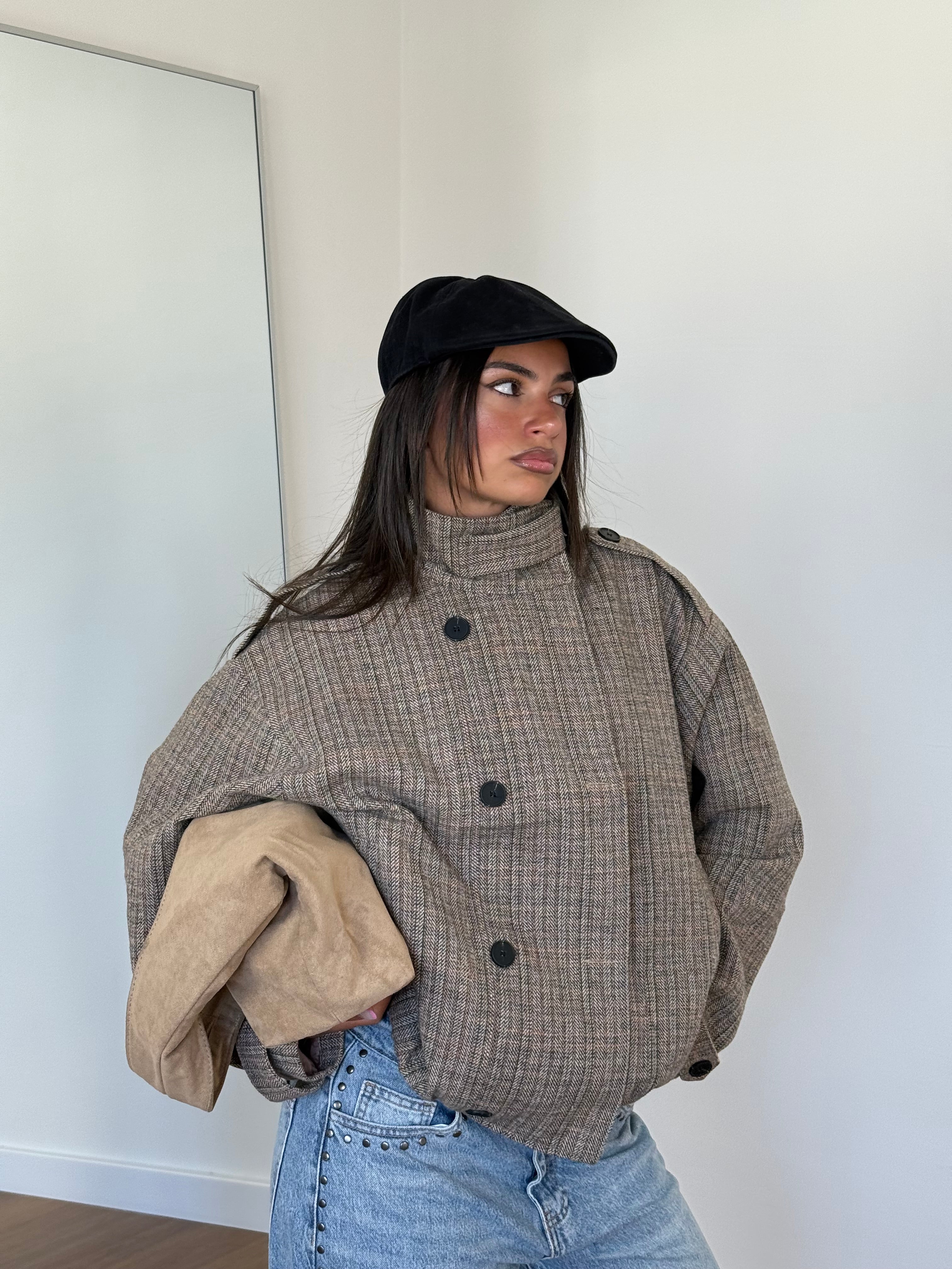 FUNNEL-NECK TARTAN JACKET BEIGE