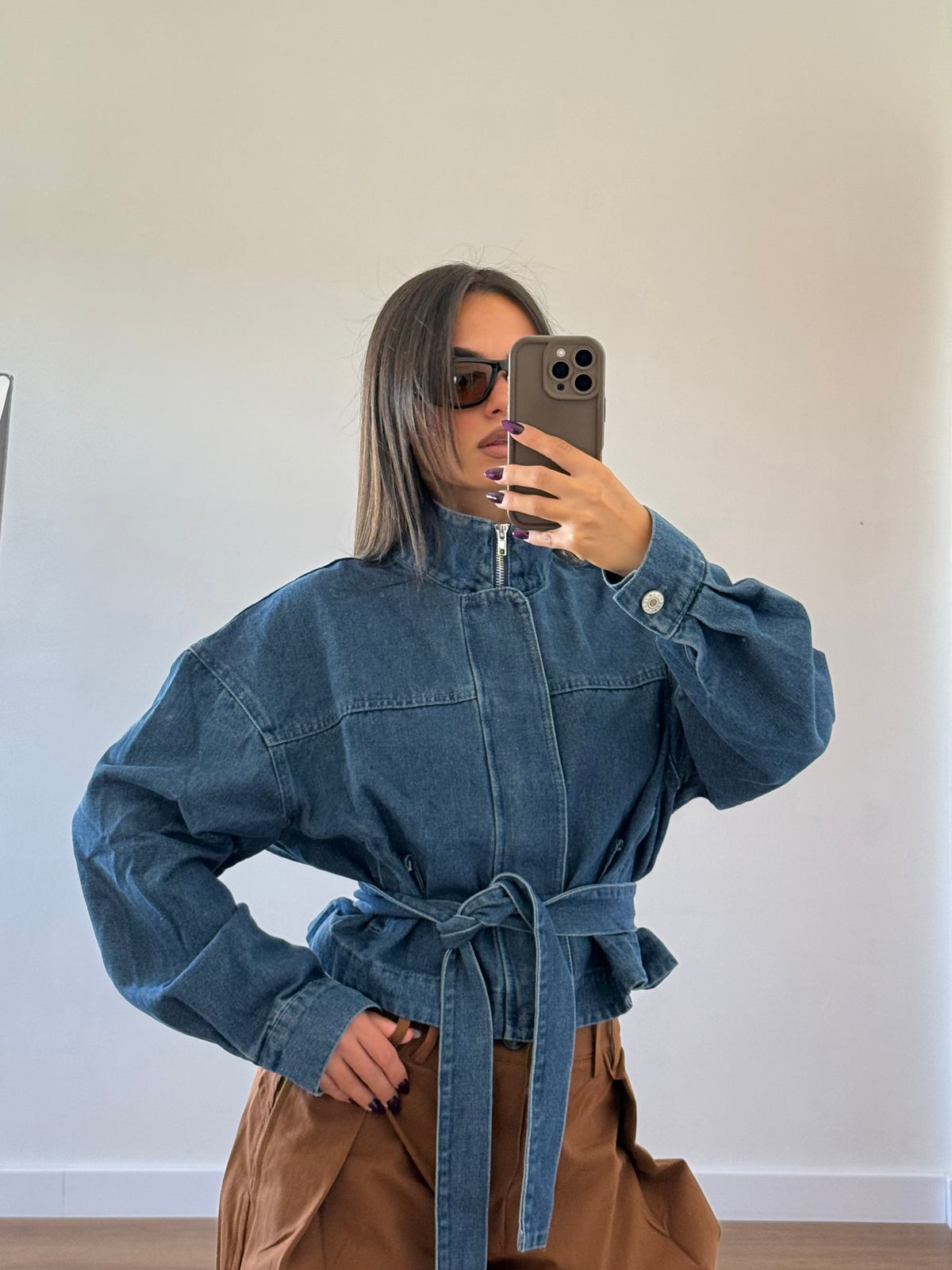 CROP FUNNEL-NECK DENIM JACKET