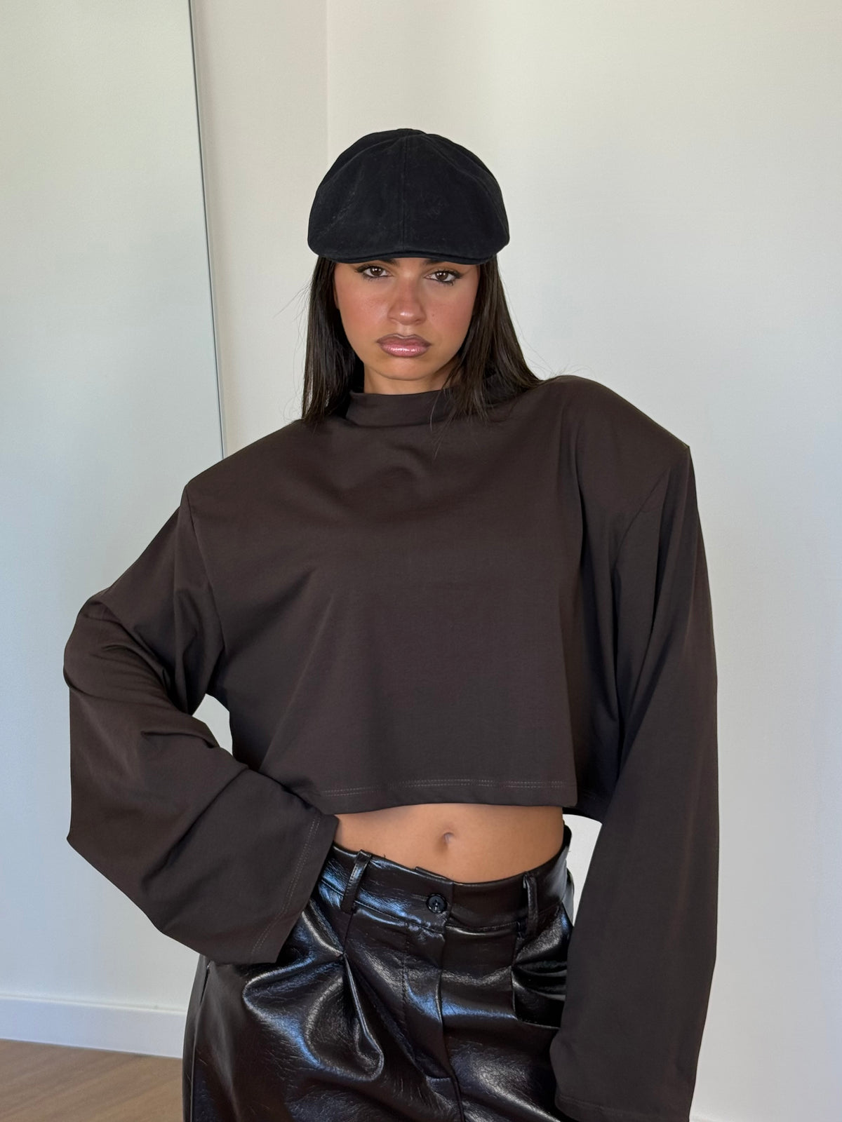 CROP LONGSLEEVE SHIRT BROWN