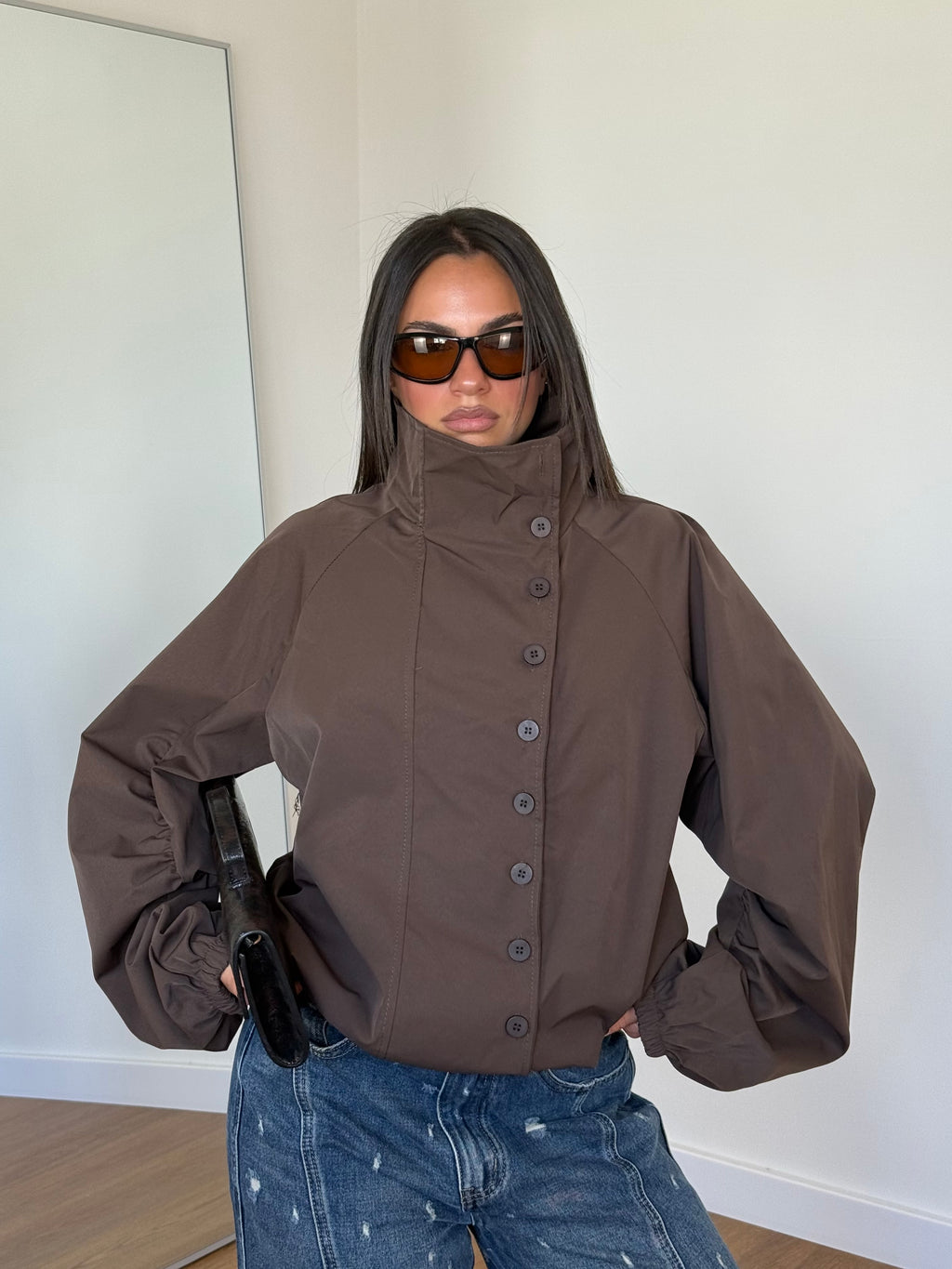 FUNNEL-NECK TRENCH JACKET BROWN