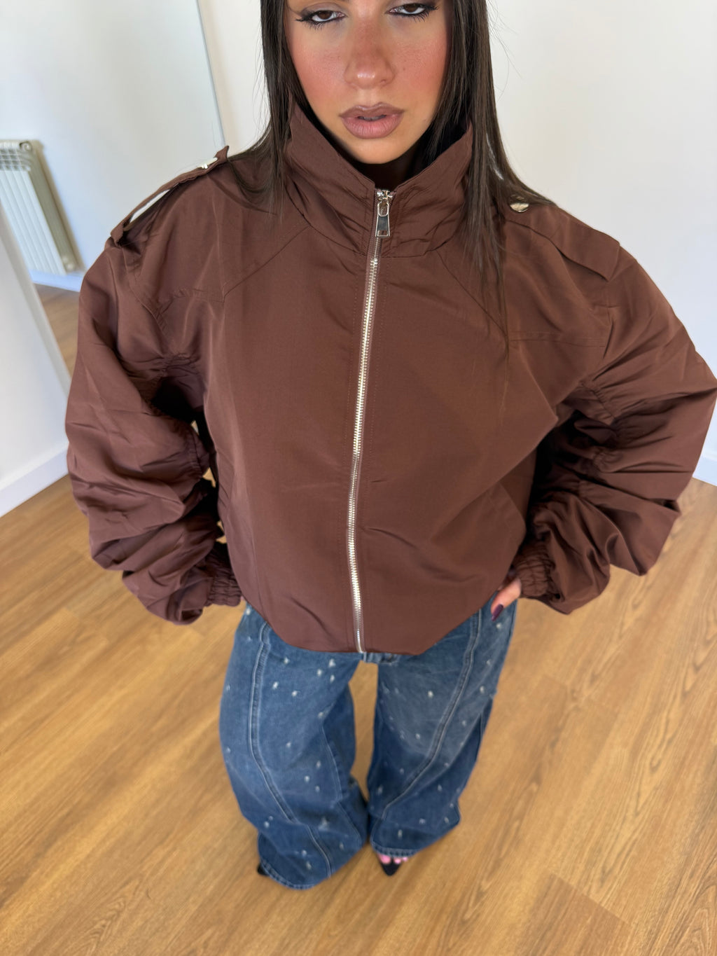 FUNNEL-NECK AVIATOR JACKET BROWN