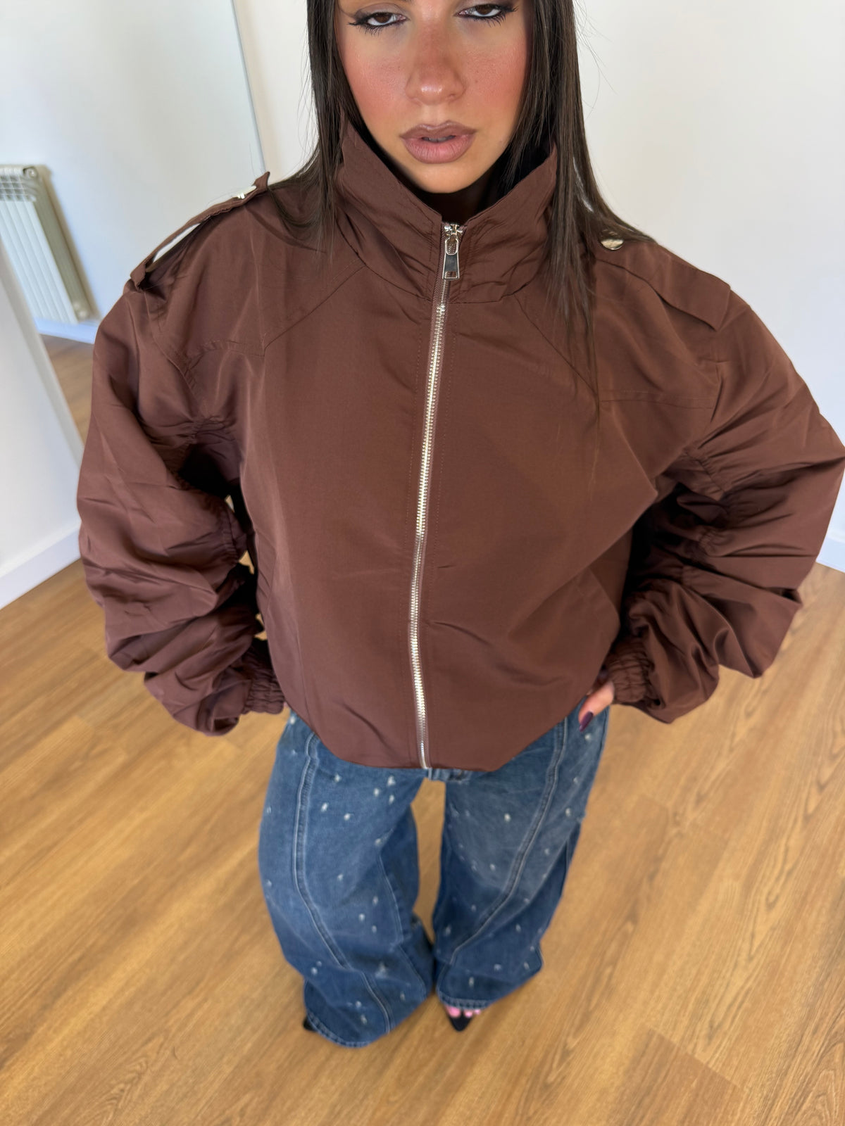 FUNNEL-NECK AVIATOR JACKET BROWN