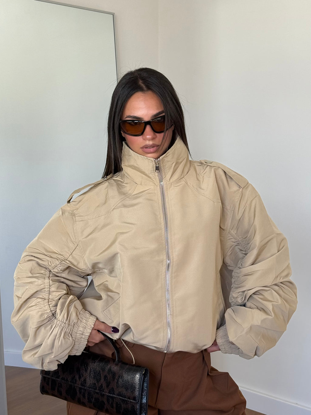 FUNNEL-NECK AVIATOR JACKET SAND