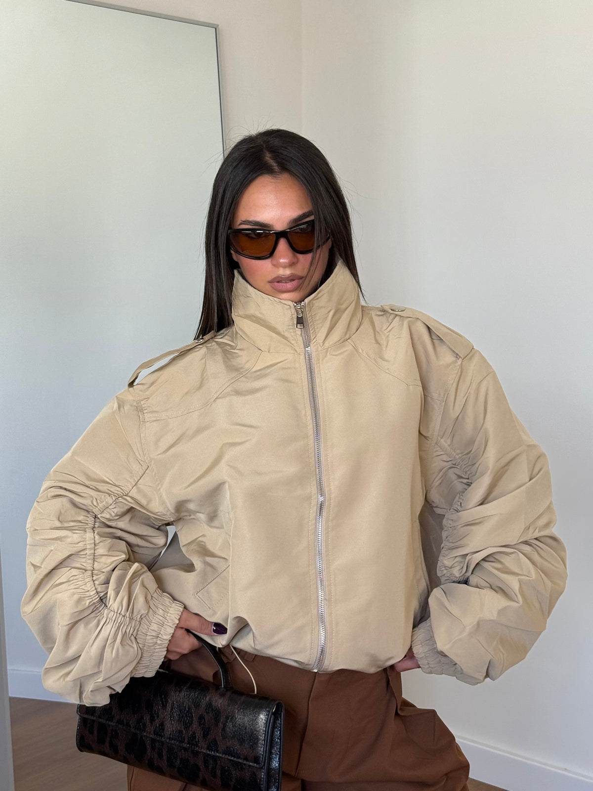 FUNNEL-NECK AVIATOR JACKET SAND