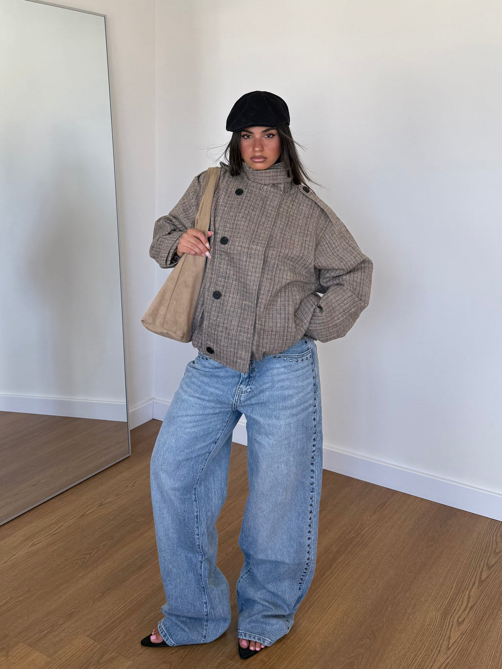FUNNEL-NECK TARTAN JACKET BEIGE