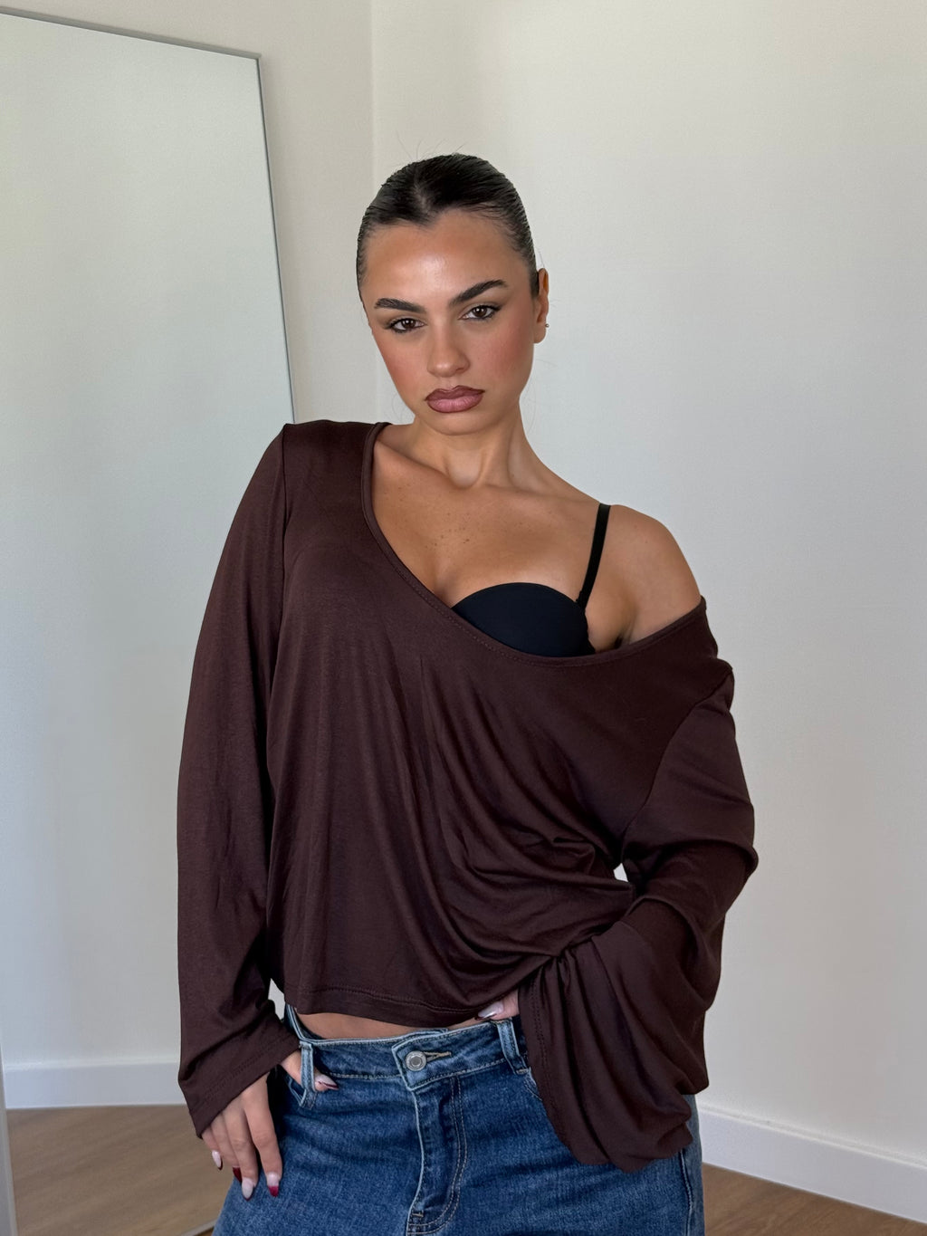 VEILED V LONGSLEEVE SHIRT BROWN