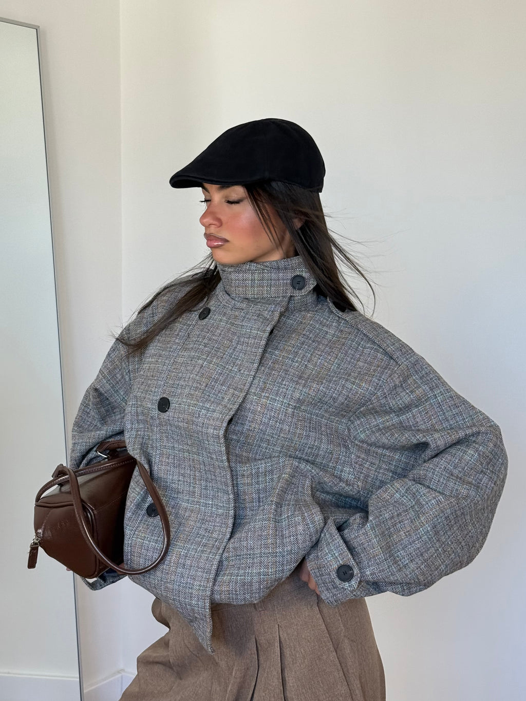 FUNNEL-NECK TARTAN JACKET GREY