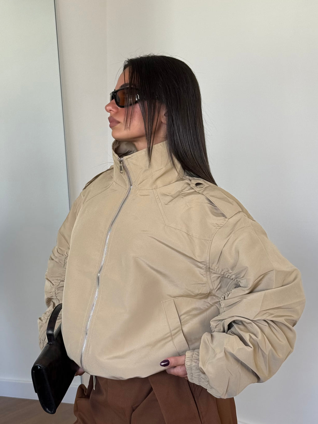FUNNEL-NECK AVIATOR JACKET SAND