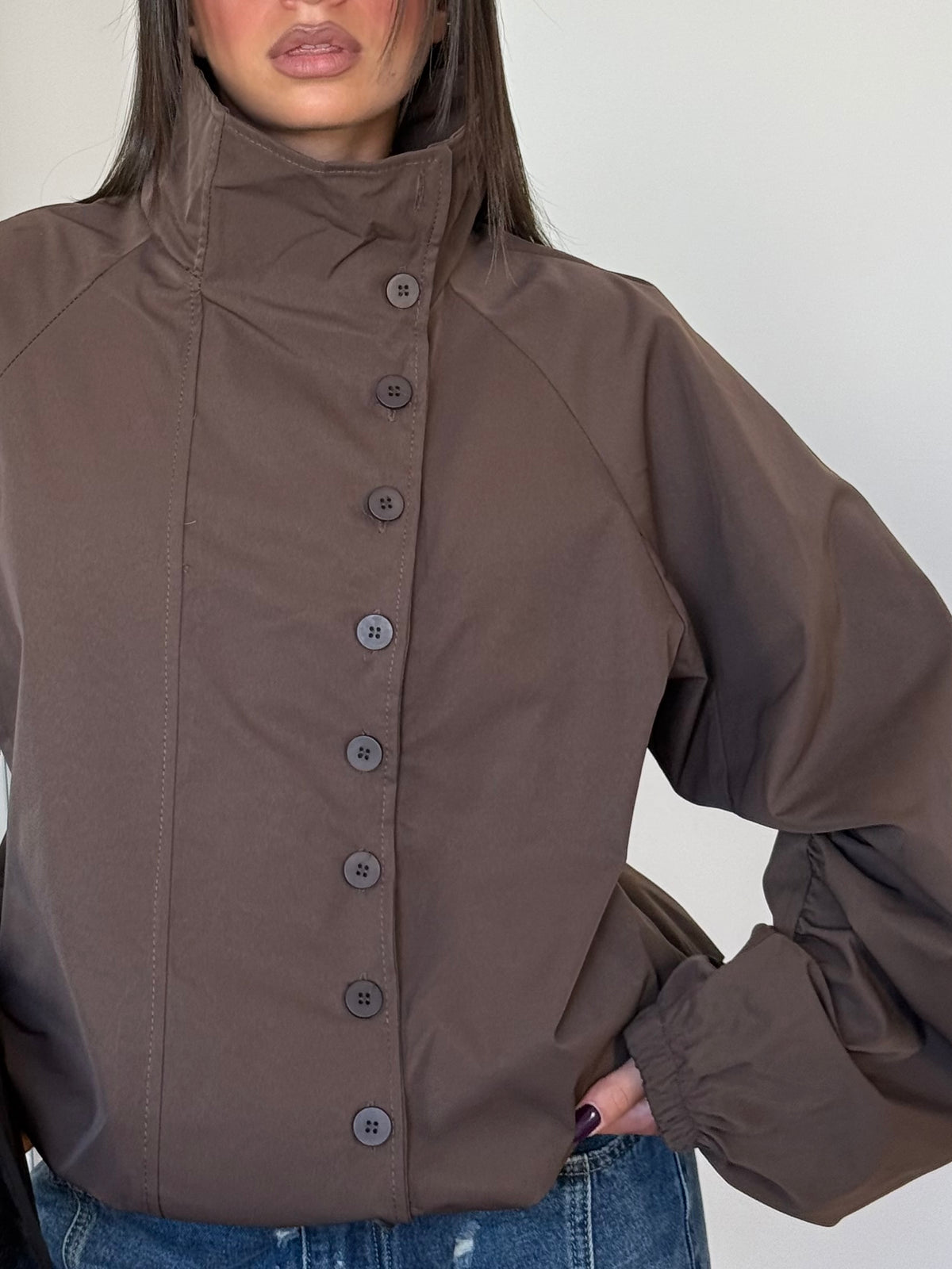 FUNNEL-NECK TRENCH JACKET BROWN