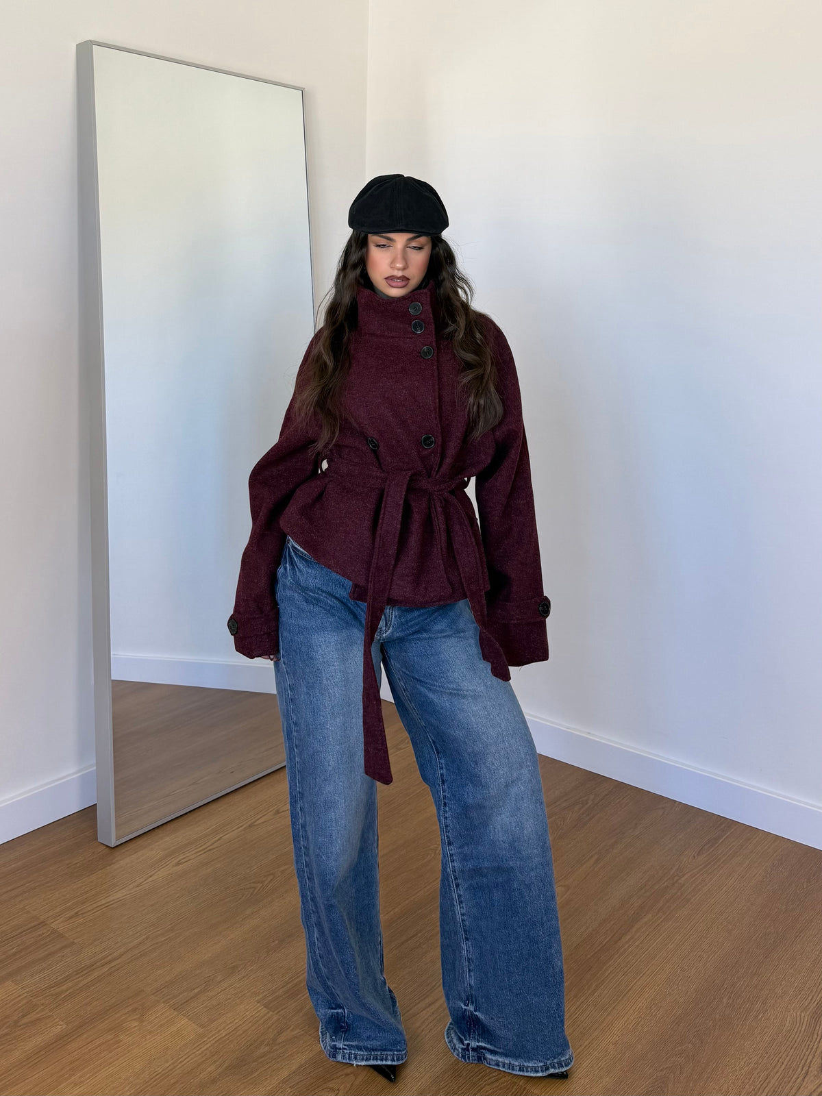 FUNNEL-NECK CROP COAT JACKET WINE