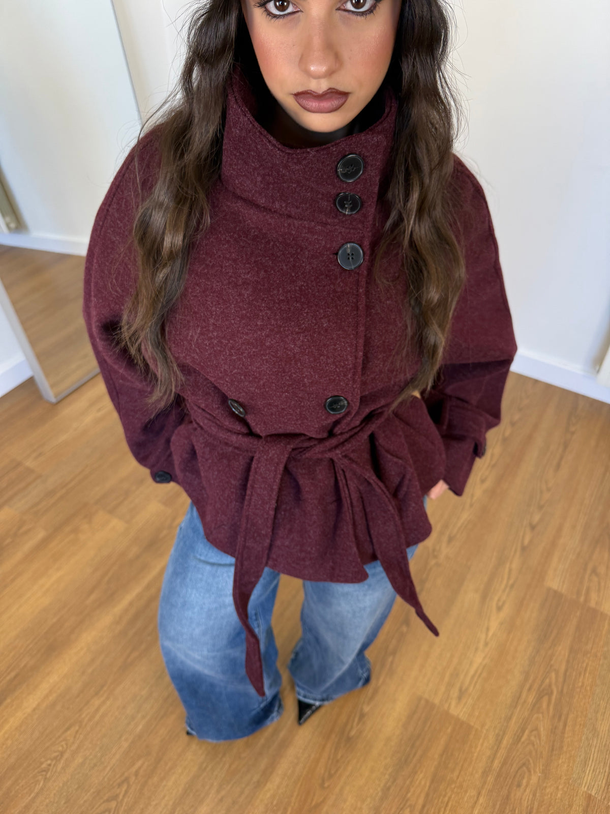 FUNNEL-NECK CROP COAT JACKET WINE