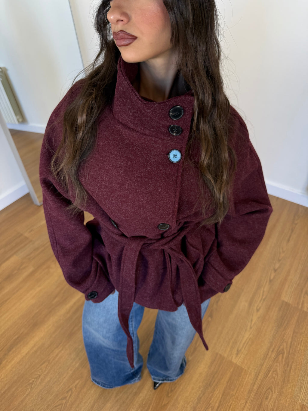 FUNNEL-NECK CROP COAT JACKET WINE