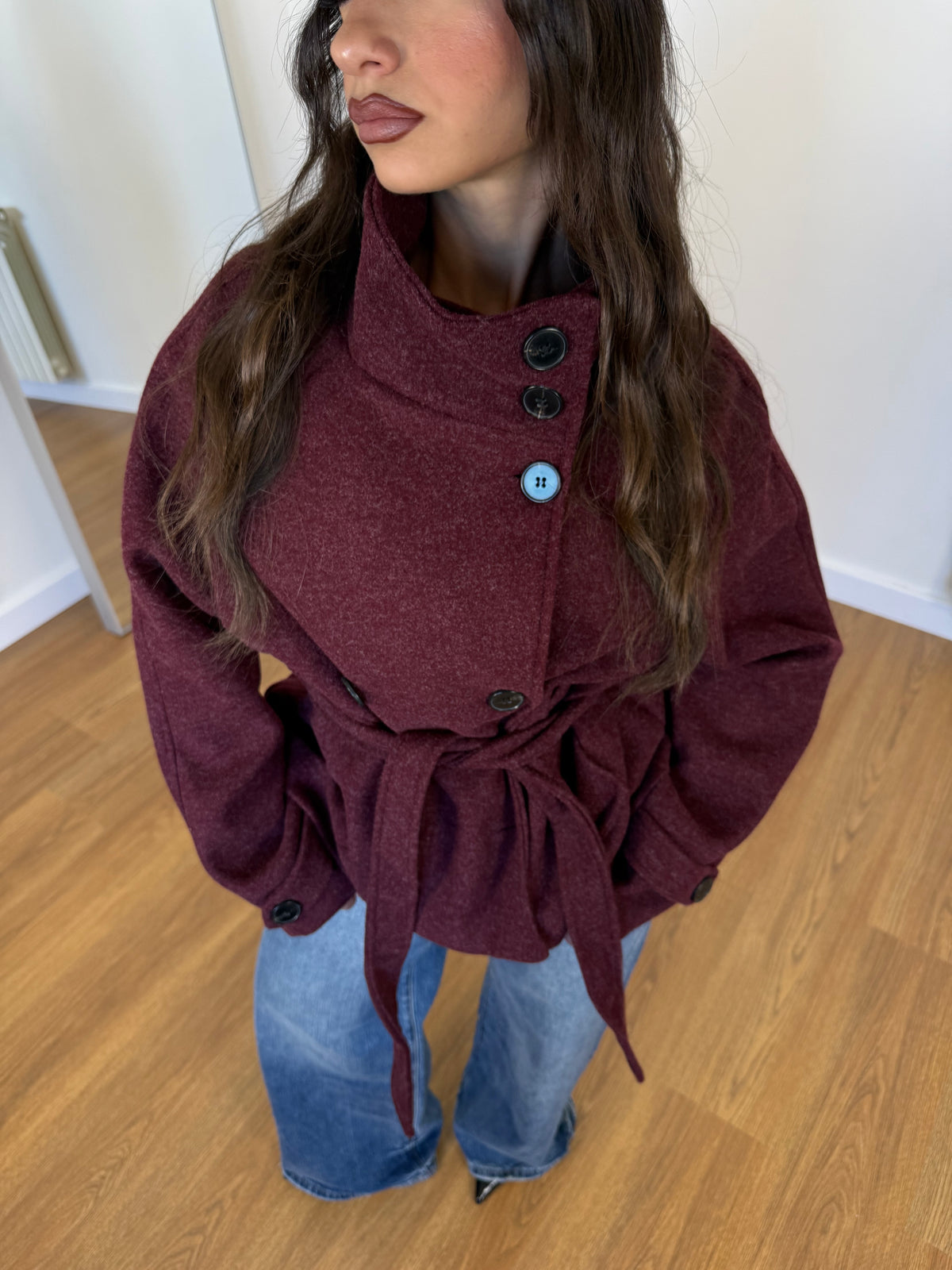 FUNNEL-NECK CROP COAT JACKET WINE