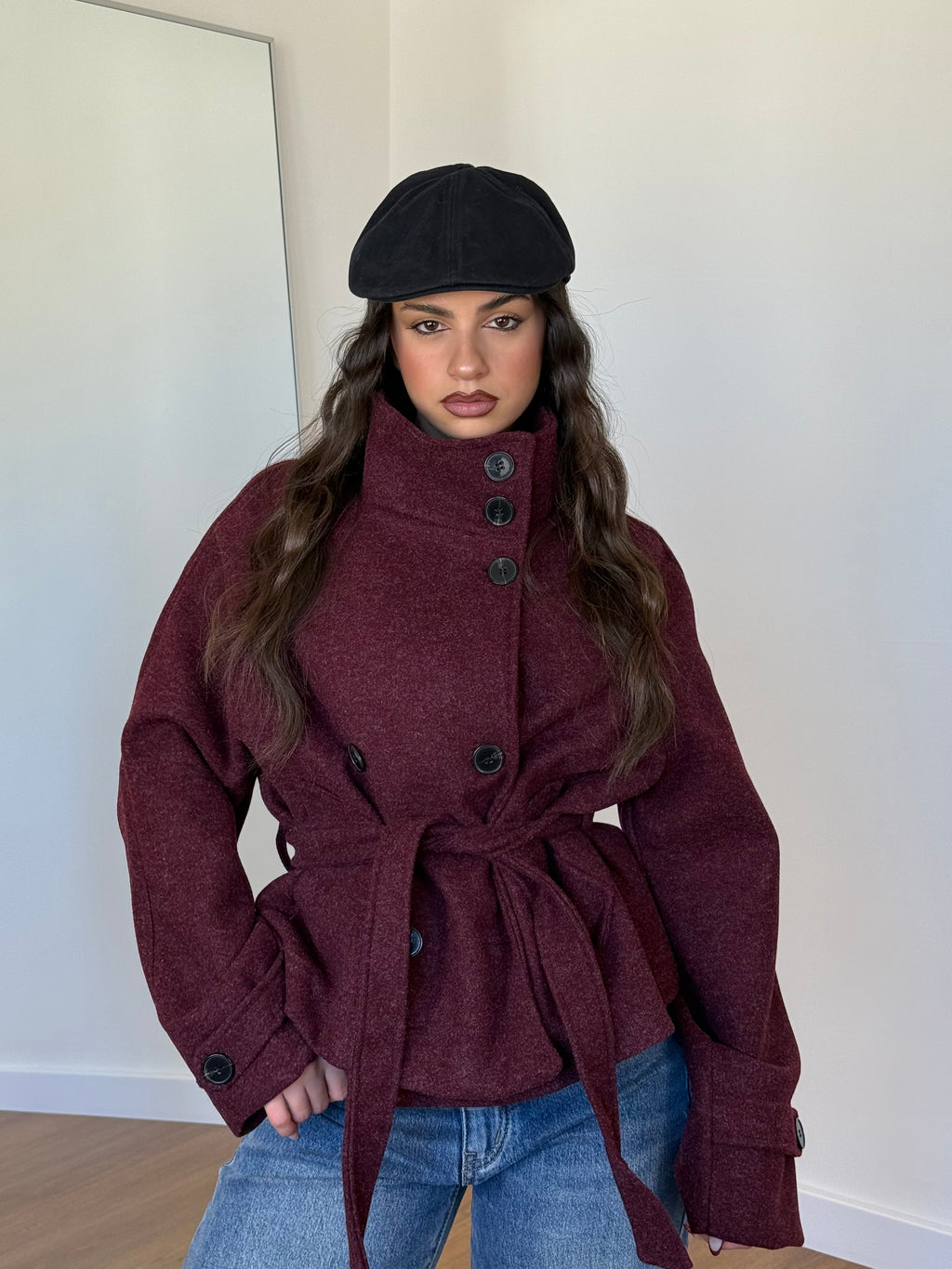 FUNNEL-NECK CROP COAT JACKET WINE