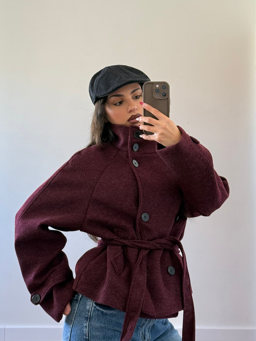 FUNNEL-NECK CROP COAT JACKET WINE