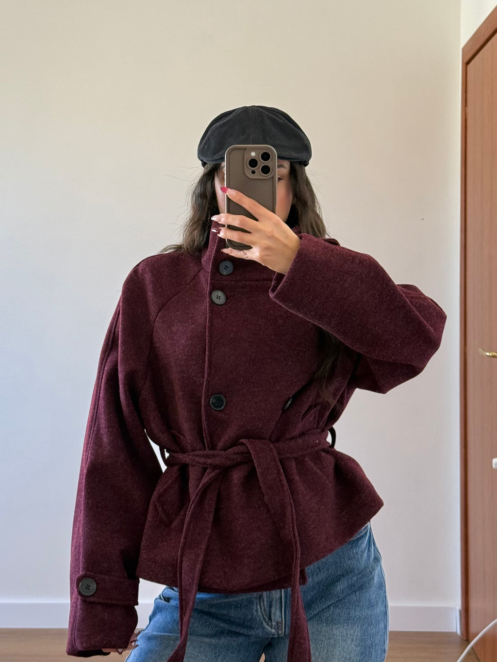 FUNNEL-NECK CROP COAT JACKET WINE