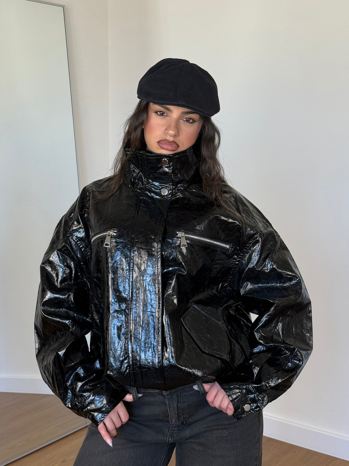 FUNNEL-NECK ECOLEATHER THRILLER JACKET