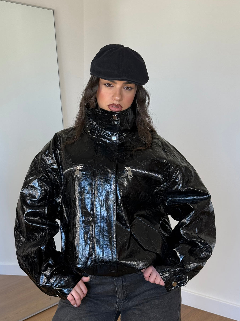 FUNNEL-NECK ECOLEATHER THRILLER JACKET