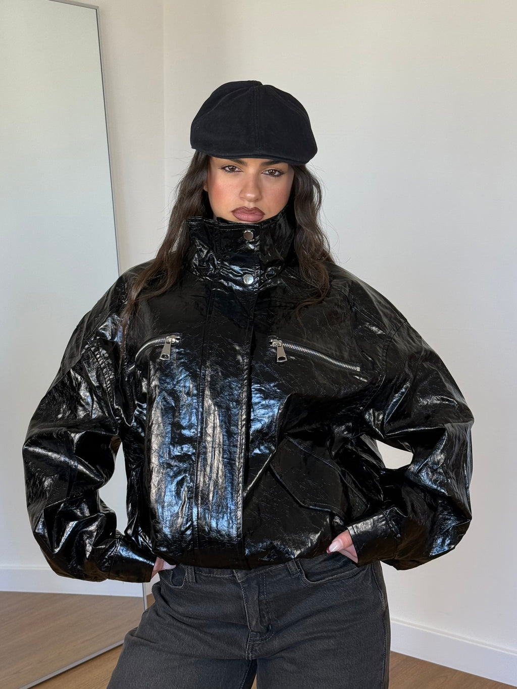 FUNNEL-NECK ECOLEATHER THRILLER JACKET