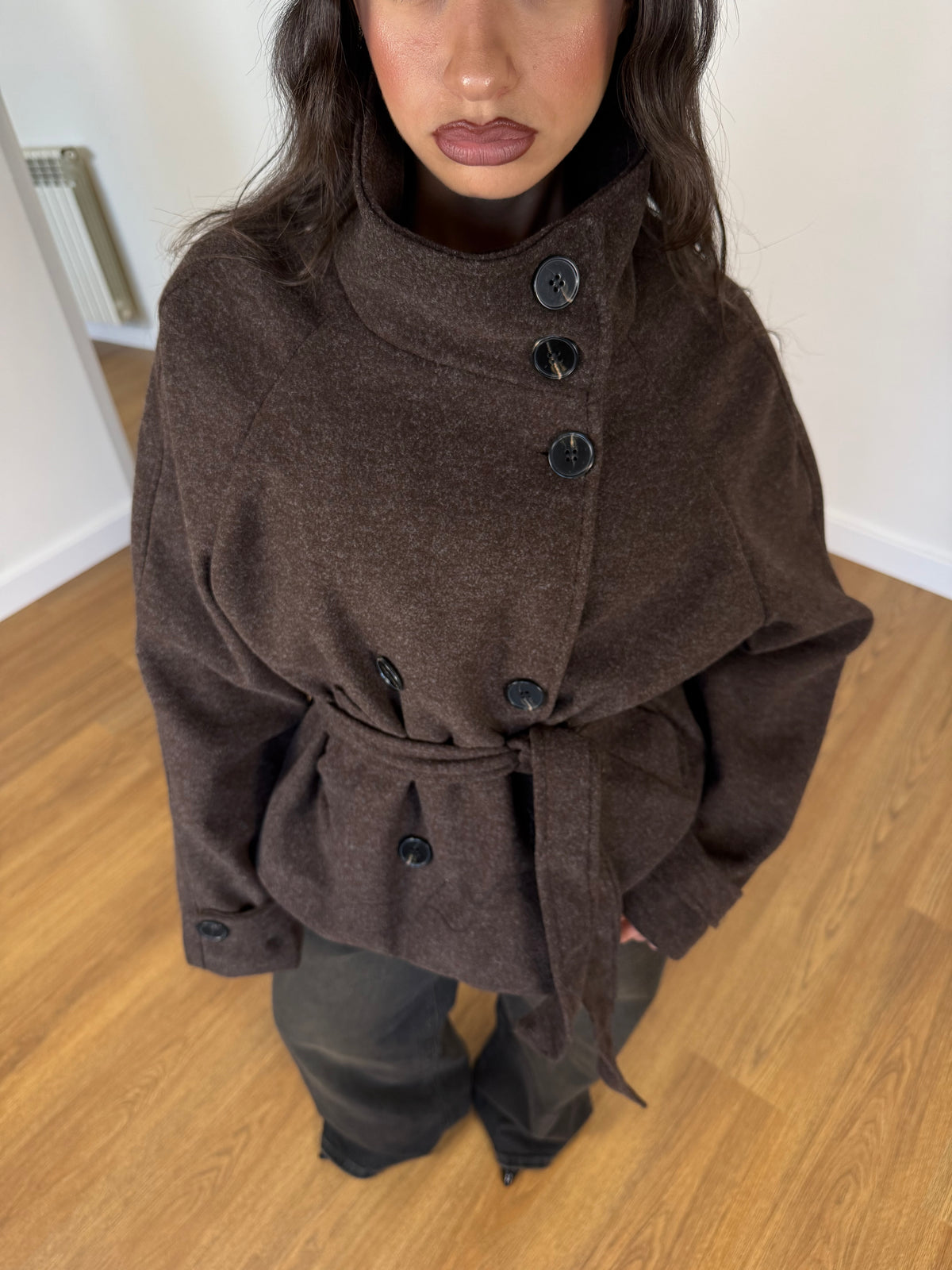 FUNNEL-NECK CROP COAT JACKET BROWN