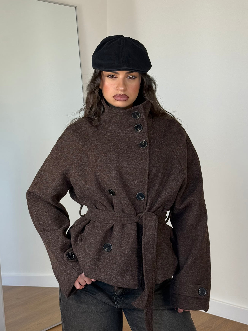 FUNNEL-NECK CROP COAT JACKET BROWN