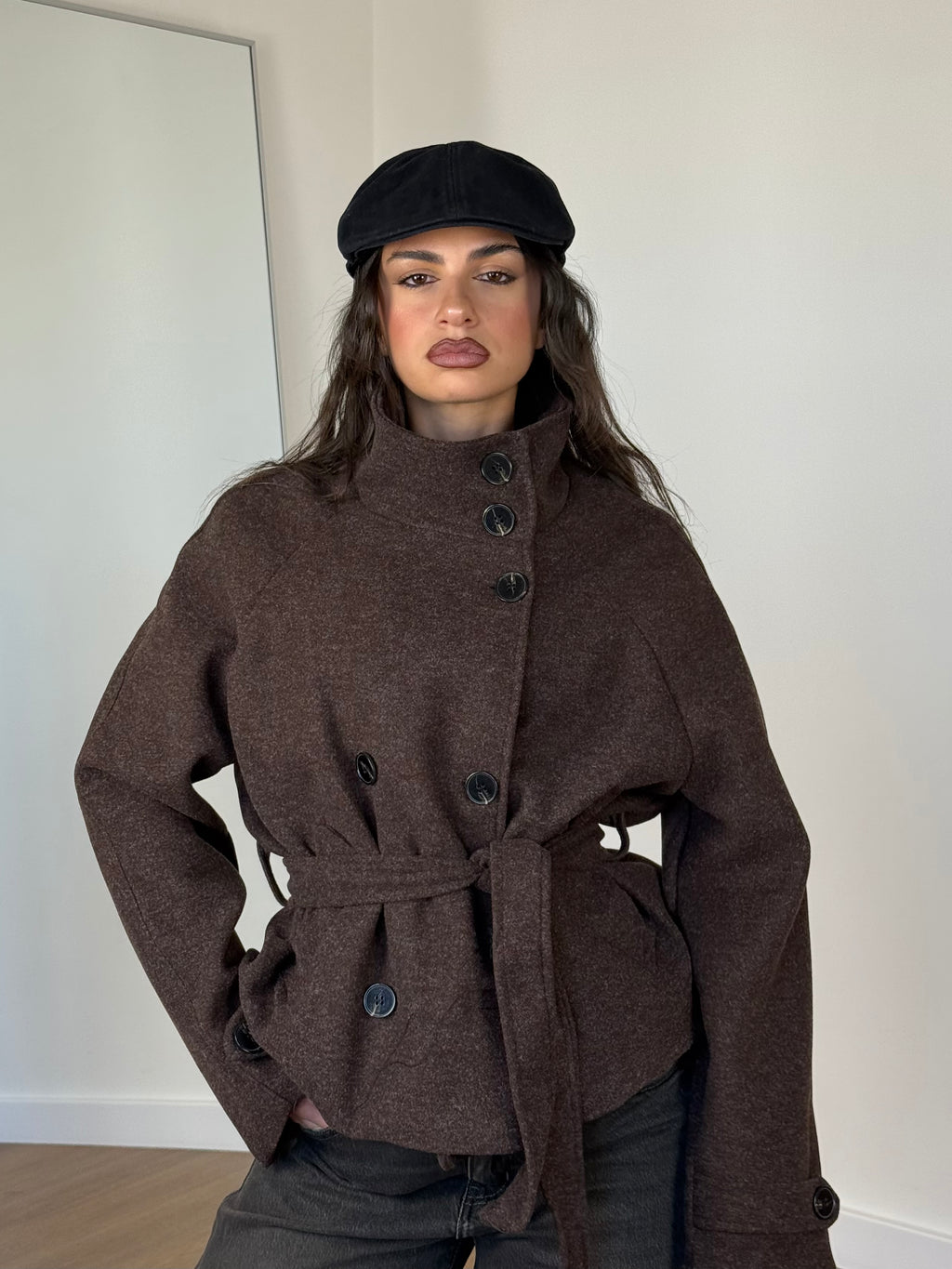 FUNNEL-NECK CROP COAT JACKET BROWN