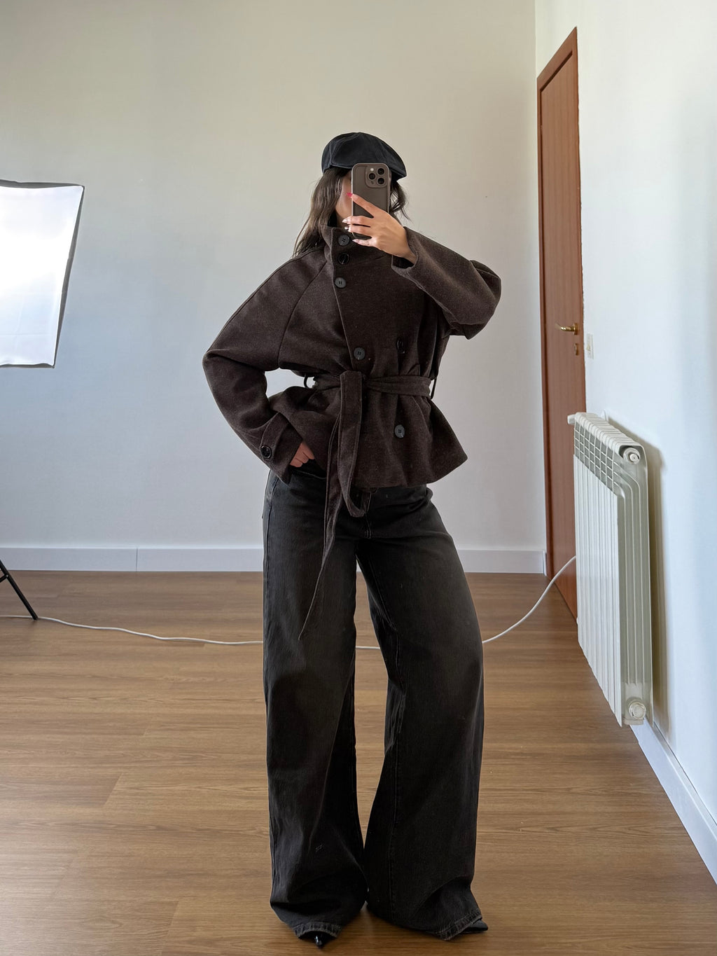 FUNNEL-NECK CROP COAT JACKET BROWN