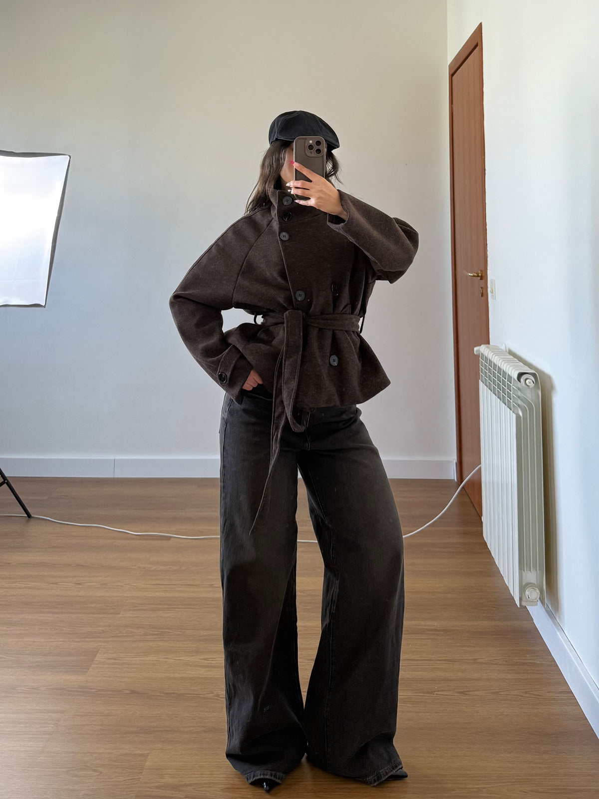 FUNNEL-NECK CROP COAT JACKET BROWN